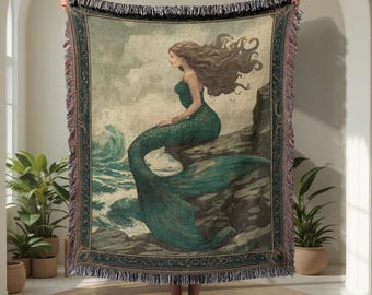 Manta de fantasía de sirena y océano, 100 % algodón, con criaturas míticas, decoración marina, para amantes de la naturaleza y mágica.