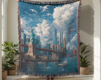 New York City Skyline 100% Cotton Woven Blanket, Statue Of Liberty Woven Blanket, Urban Landscape Woven Blanket, Travel Souvenir Blanket.
