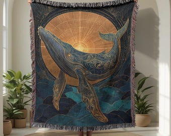 Celestial Whale 100% Cotton Woven Blanket, Spiritual Gift For Ocean Lover Woven Throw, Mystical Animal Tapestry, Boho Home Decor Blanket