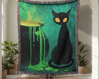 Manta tejida 100% algodón con diseño de gato negro brujo, manta tejida con decoración de Halloween, manta tapiz de regalo espeluznante para amantes de los gatos, decoración de brujería gótica.
