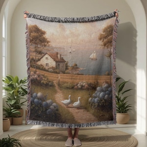 Cottagecore Decor 100% Cotton Woven Blanket, Vintage Landscape Painting Tapestry Throw, Housewarming Gift For Art Lover, Coastal Cottage Art
