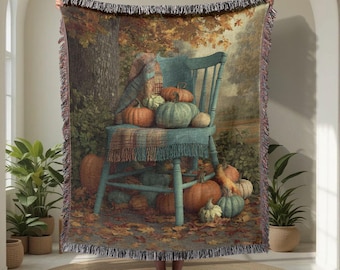 Autumn Pumpkin Chair 100% Cotton Woven Blanket For Fall Decor, Harvest Throw Blanket, Teal Chair With Pumpkins Design Blanket, Rustic Autumn