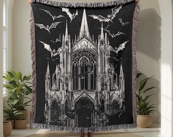 Manta tejida 100 % algodón con diseño de catedral gótica, tapiz de castillo de vampiros, decoración de Halloween espeluznante, manta de sofá Dark Academia