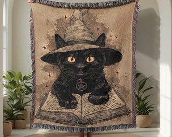 Coperta tessuta in 100% cotone con gatto nero e strega, coperta tessuta per Halloween, coperta tessuta per stregoneria, coperta tessuta con gatto magico, coperta occulta