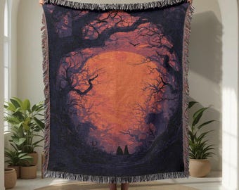 Halloween 100% Cotton Woven Blanket, Spooky Moon Woven Blanket, Witch Silhouette Woven Throw Blanket, Autumn Night Woven Blanket, Scary