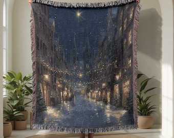 Christmas In Magic Alley 100% Cotton Woven Blanket, Holiday Wizard School Throw Blanket, Book Lover Gift Woven Tapestry, Fantasy Street Gift