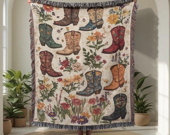 Floral Cowboy Boots 100% Cotton Woven Blanket, Western Throw Blanket For Cowgirl, Country Girl Gift Woven Tapestry, Boho Apartment Decor.