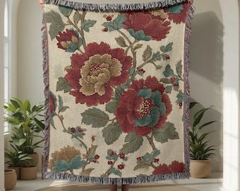 Floral Vintage 100% Baumwolle gewebte Decke, klassische Blumen werfen gewebte Decke, gemütliche botanische Wohnkultur gewebte Decke, Garten Hobby Decke