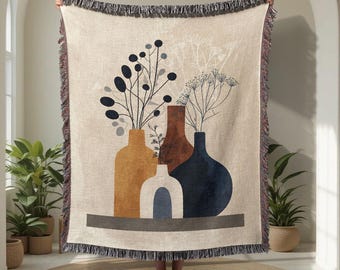 Boho Vase 100% Cotton Woven Blanket, Abstract Botanical Throw, Modern Plant Blanket, Minimalist Floral Home Decor, Earth Tone Woven Throw.