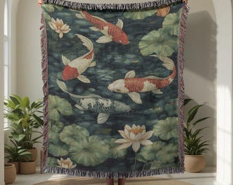 Koi-Fischteich-Decke aus 100 % Baumwolle, gewebt, japanische Gartenkunst-Überwurfdecke, Geschenk für Fischliebhaber, Zen-Dekor-Überwurfdecke, friedliche Wohndekoration.