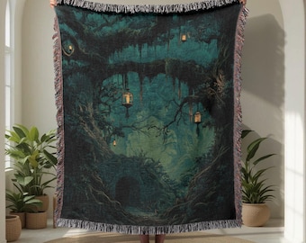 Enchanted Forest 100% Cotton Woven Blanket, Dark Academia Woven Throw, Fantasy Reader Hobby Gift, Cottagecore Lover Tapestry, Blanket Decor