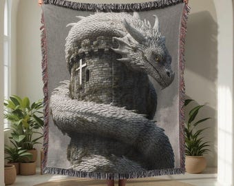 Christian Dragon 100% Cotton Woven Blanket, Medieval Castle Faith Throw, Fantasy Gamer Gift For Him Tapestry, Religious Dad Birthday Blanket