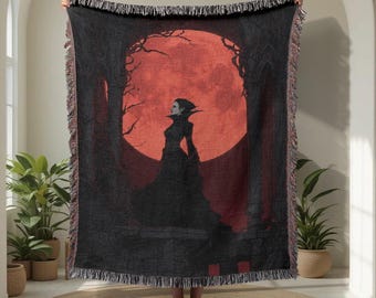 Vampire Witch Gothic Woman 100% Cotton Woven Blanket, Halloween Night Woven Blanket, Dark Fantasy Moon Woven Blanket, Horror Art Blanket