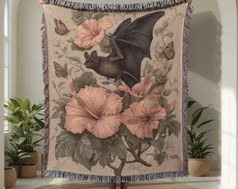 Gothic Bat 100% Cotton Woven Blanket, Floral Bat Lover Throw, Dark Academia Bedspread, Witchy Friend Gift Woven Tapestry, Halloween Decor