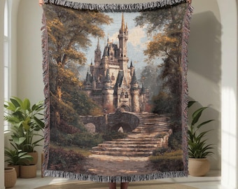 Fairytale Castle 100% Cotton Woven Blanket, Princess Lover Gift Woven Throw, Couples Anniversary Tapestry Blanket, Fantasy Reader Blanket