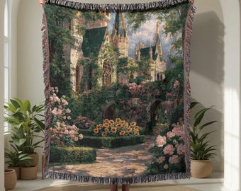 Castle Garden 100% Cotton Woven Blanket, Woven Throw Blanket, Cozy Home Decor Blanket, Fantasy Landscape Blanket, Romantic Nature Blanket