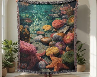 Manta tejida 100 % algodón con motivos marinos, criaturas marinas, estrellas de mar, arrecifes de coral, regalo para amantes de la naturaleza, regalo costero