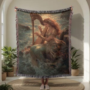 Mermaid Playing Harp 100% Cotton Woven Blanket, Siren Musician Woven Throw, Gift For Harpist Tapestry Blanket, Mythological Fantasy Art