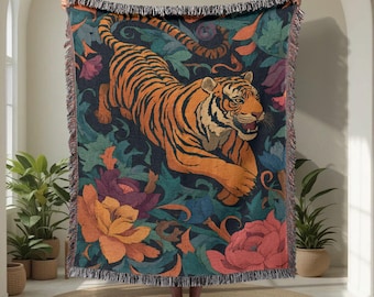 Tiger Lover 100% Cotton Woven Blanket, Jungle Animal Enthusiast Woven Throw, Housewarming Gift Tapestry, Friend Birthday, Wildlife Hobby