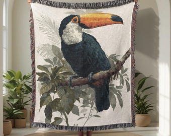 Manta tejida 100% algodón con tucán tropical, manta decorativa con aves de la selva, manta botánica con motivos de la vida silvestre, regalo de cumpleaños para amantes de las aves, decoración natural.