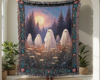 Ghost In Meadow 100% Cotton Woven Blanket, Halloween Decor Woven Throw, Spooky Season Woven Blanket, Cottagecore Witchy Woven Throw Gothic