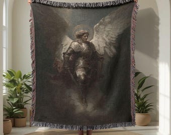 Archangel Michael 100% Cotton Woven Blanket, Spiritual Christian Gift Throw, Religious Home Decor, Guardian Angel Faith Based Tapestry Decor