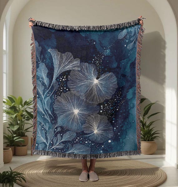 Elegante, gewebte Decke aus 100 % Baumwolle mit floralem Muster, ideal für Naturliebhaber, als dekorative Decke für Zuhause, kunstvolles Geschenk mit Blumenmotiv