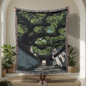 Vintage-Decke aus japanischer Kunst, 100 % Baumwolle, gewebt, mit Motiv einer antiken Baumlandschaft, Zen-Garten-Wandteppichdecke, für Naturliebhaber, asiatischer Innenhof.