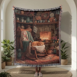 Cozy Rustic Home Decor 100% Cotton Woven Blanket, Country Fireplace Woven Blanket, Cat Lover Woven Blanket, Vintage Cottage Woven Blanket