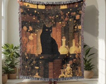 Zwarte kat 100% katoenen geweven deken, cadeau voor boekenliefhebbers, geweven wandtapijt voor hekserij en hobby's, Halloween decoratie voor bibliothecarissen, heidense deken