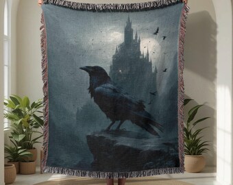 Manta tejida 100% algodón de cuervo gótico, manta tejida de Halloween, manta tejida de misterio de castillo oscuro, manta tejida de noche espeluznante, fantasía.