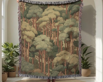 Cottagecore Decor 100% Cotton Woven Blanket, Gift For Nature Lover Tapestry Throw, Moody Forest Woven Throw, Cabin Decor For Hiker, Friend.
