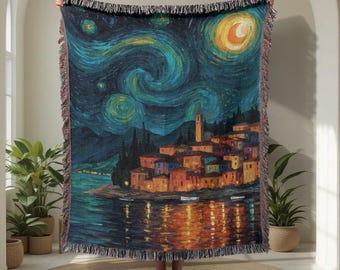 Manta tejida 100% algodón con diseño de Noche Estrellada para amantes del arte, manta con escena de pueblo bajo el cielo nocturno, manta decorativa artística para el hogar, manta acogedora con estrellas en espiral.
