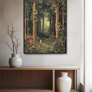 May include: A framed forest scene print. The artwork depicts a lush forest with tall trees, a variety of plants, and a deer resting in the foreground. The color palette is dominated by greens, browns, and touches of red and pink from the flowers.