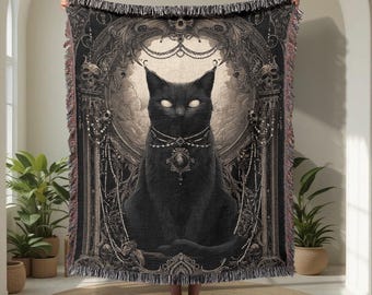 Gothic Black Cat 100% Cotton Woven Blanket, Witchcraft Decor Woven Tapestry, Dark Academia Throw Blanket, Wiccan Cat Mom Gift, Spooky Decor.