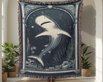 Vintage Shark Illustration 100% Cotton Woven Blanket, Marine Biologist Gift Tapestry Blanket, Ocean Lover Nautical Decor Woven Throw, Shark.