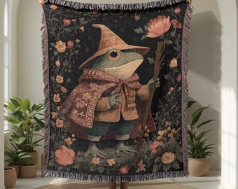 Cobertor Frog Wizard 100% algodão, manta Cottagecore para amantes da fantasia, decoração mágica para cantinho de leitura, amigo Goblincore, cobertor personalizado