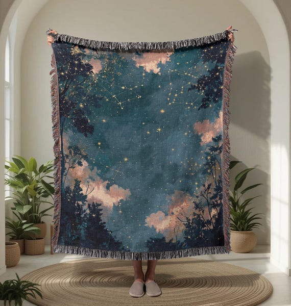 Stargazer 100% Cotton Woven Blanket, Astrology Lover Throw Blanket, Gift For Best Friend Woven Tapestry, Constellation Map Decor Blanket