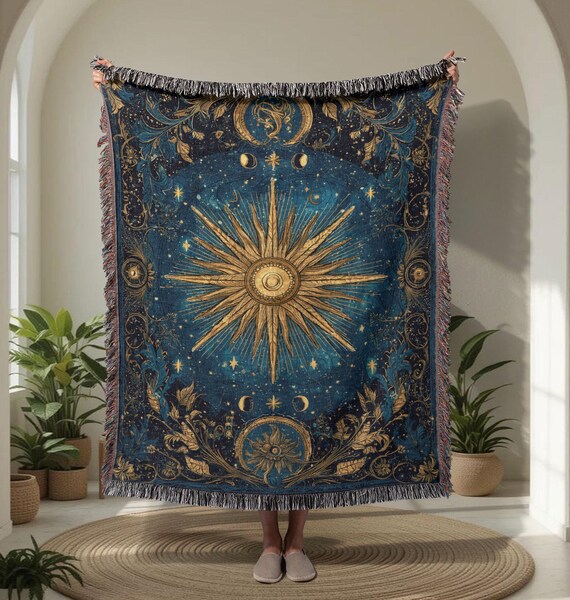 Celestial Sun Moon 100% Cotton Woven Blanket, Astrology Woven Blanket, Spiritual Meditation Woven Blanket, Mystical Gifts Woven Blanket.
