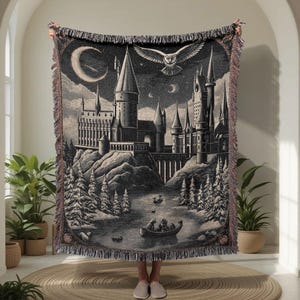 Magical Castle 100% Cotton Woven Blanket, Wizard School Throw Blanket, Book Lover Gift For Friend, Dark Academia Woven Blanket, Flying Owl