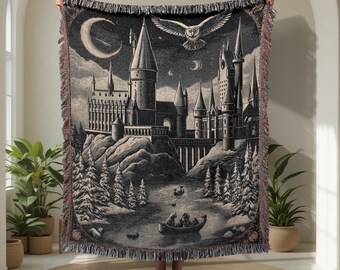 Magical Castle 100% Cotton Woven Blanket, Wizard School Throw Blanket, Book Lover Gift For Friend, Dark Academia Woven Blanket, Flying Owl
