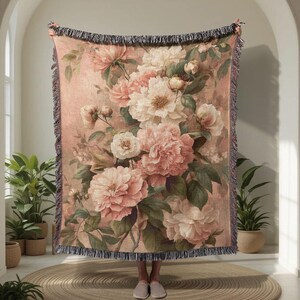 Vintage Floral Decor For Gardener 100% Cotton Woven Blanket, Cottagecore Throw For Mom, Botanical Art Tapestry, Housewarming Gift For Her, Birthday Gift