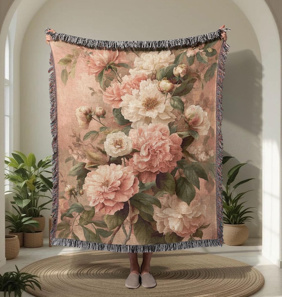 Vintage Floral Decor For Gardener 100% Cotton Woven Blanket, Cottagecore Throw For Mom, Botanical Art Tapestry, Housewarming Gift For Her