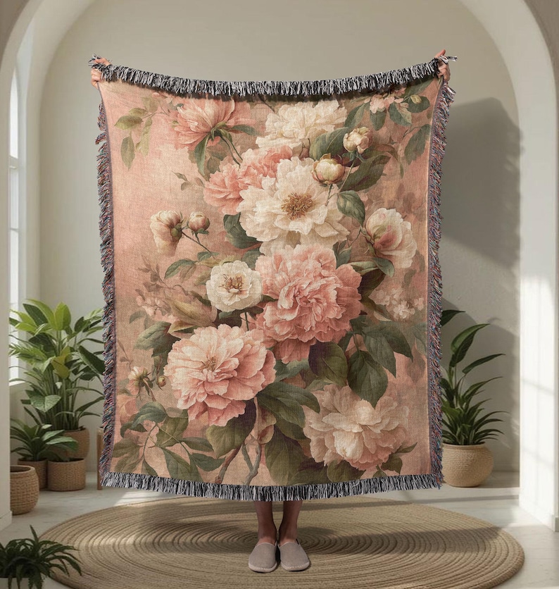 Vintage Floral Decor For Gardener 100% Cotton Woven Blanket, Cottagecore Throw For Mom, Botanical Art Tapestry, Housewarming Gift For Her, Birthday Gift