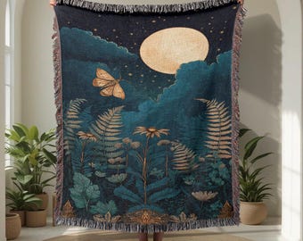 Moonlight Nature 100% Cotton Woven Blanket, Night Forest Blanket, Botanical Moon Blanket, Meditation Relaxation Woven Blanket, Spiritual