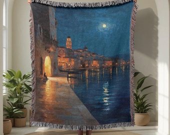 Maanverlichte kustplaats 100% katoenen geweven deken, mediterraan dorp deken, artistiek Europees zeegezicht wandtapijt voor woondecoratie.