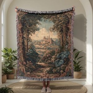 Couverture tissée 100 % coton Château de conte de fées, jeté de tapisserie de lecture Fantasy, tapisserie décorative Dark Academia, férus d&#39;histoire, couverture de bibliothécaire