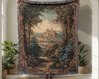 Fairytale Castle 100% Cotton Woven Blanket, Fantasy Reader Tapestry Throw, Dark Academia Decor Tapestry, History Buff , Librarian Blanket