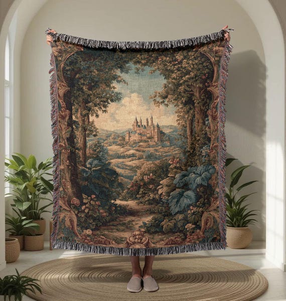 Fairytale Castle 100% Cotton Woven Blanket, Fantasy Reader Tapestry Throw, Dark Academia Decor Tapestry, History Buff , Librarian Blanket