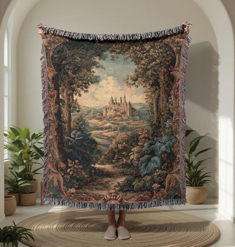 Fairytale Castle 100% Cotton Woven Blanket, Fantasy Reader Tapestry Throw, Dark Academia Decor Woven Tapestry, History Buff Gift, Librarian Gift Blanket